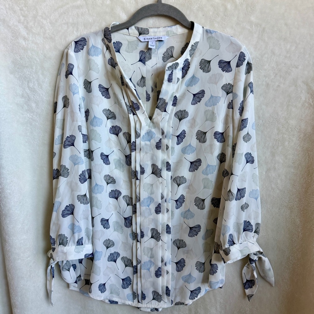 41 Hawthorn Ginkgo Leaf Print Tie Sleeve Blouse Bow Neck Top Womens Size Small
